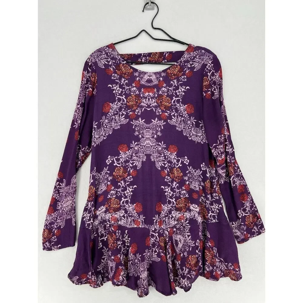 Free People Purple Floral Boho Tunic Top Open Back Bell Sleeve Womens Large - Picture 1 of 12